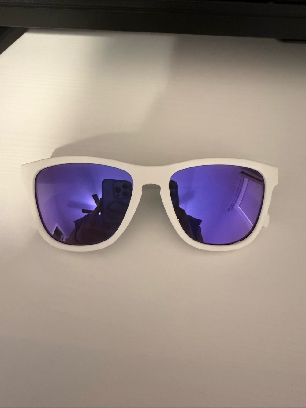 White Frame Sunglasses with Purple Mirrored Lenses